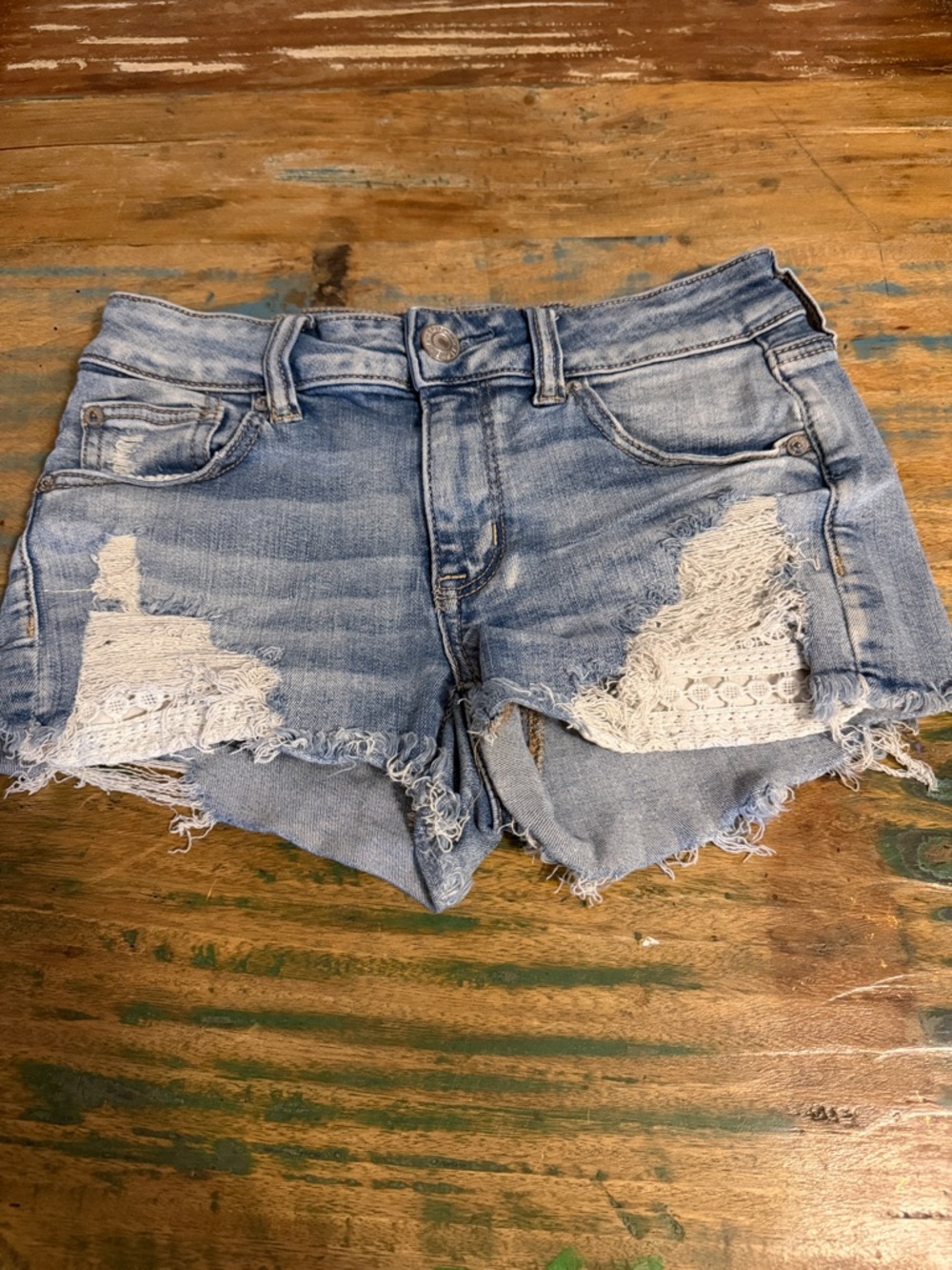American Eagle Outfitters Light Wash Denim Crochet-Inset Cutoff Shorts